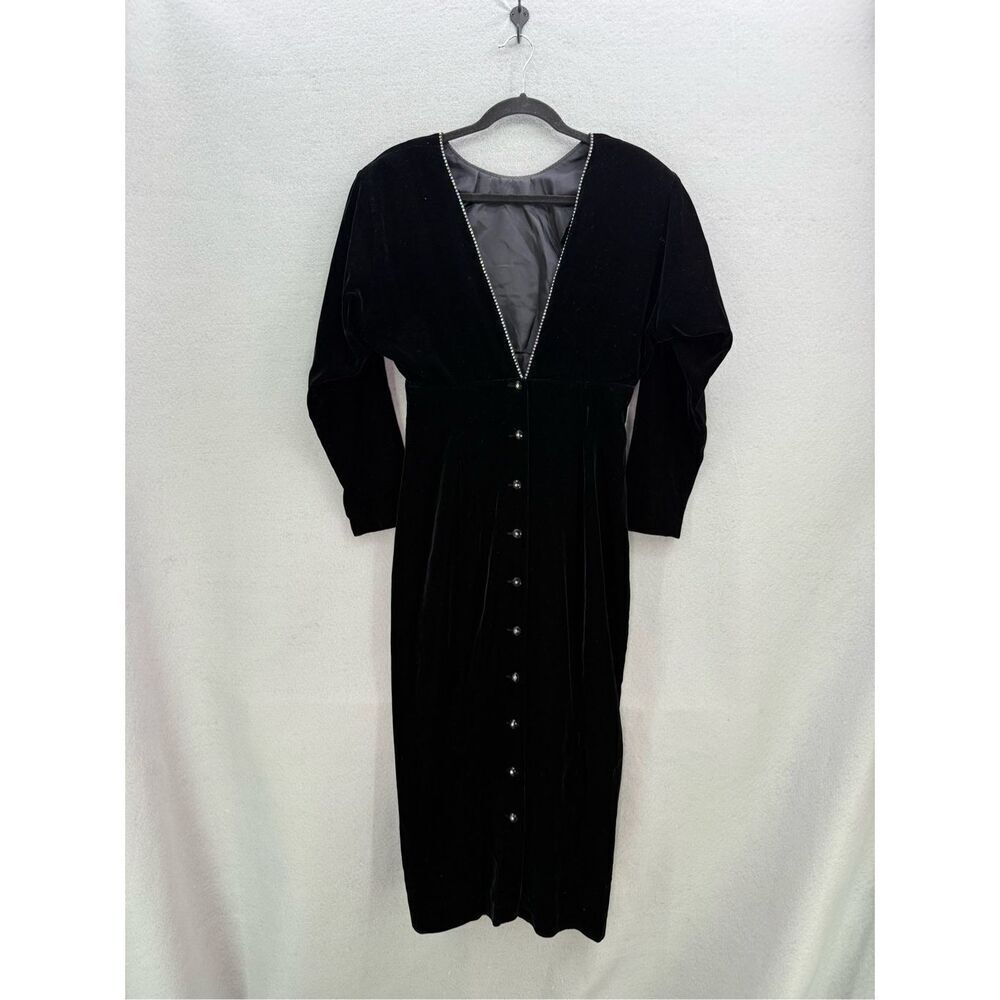 Vintage Datiani Women Black Velvet Long Sleeve Crystal Button Back Dress Size 10